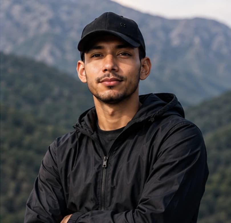 Hasnat Khan in a dark jacket, arms folded, forested mountains rising behind him